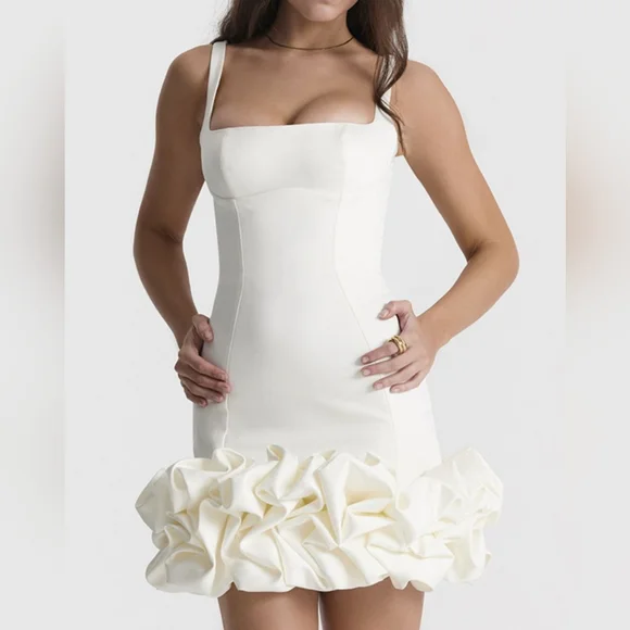 White Ruched Square Neck Sleeve Mini Dress - Picture 3 of 6